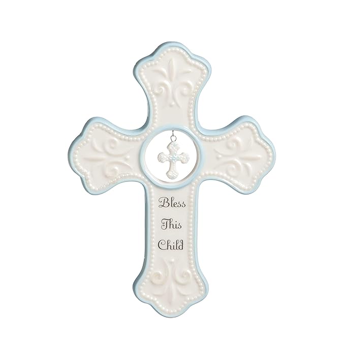 DEMDACO Bless This Child Wall Cross - Blessing Cross for Baby - Faith Nursery Decor - Gift for Newborn - Religious Christian Wall Hanging - Porcelain - Gift Box Packaging - Blue