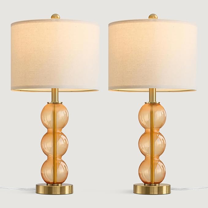 Oneach 25" Amber Glass Table Lamps for Living Room, Glass Modern Table Lamp Set of 2, USB Charging Ports, Linen Shade, Bedside Lamps for Bedroom, Nightstand, Side Table (Bulbs not Included)