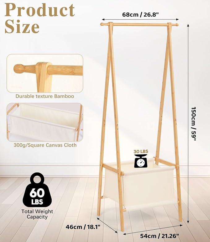 Bamboo Clothes Rack with Storage Box, Portable Extra Large Garment Rack Clothing Rack, Foldable Wardrobe For Entryway and Bed Room (S)