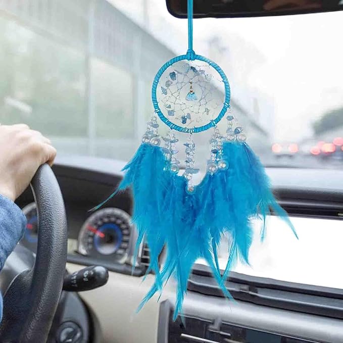 Dream Catcher for Rearview Mirror, Car Hanging Accessory, Lucky Charm Ornament Pendant Interior Decor (Blue)