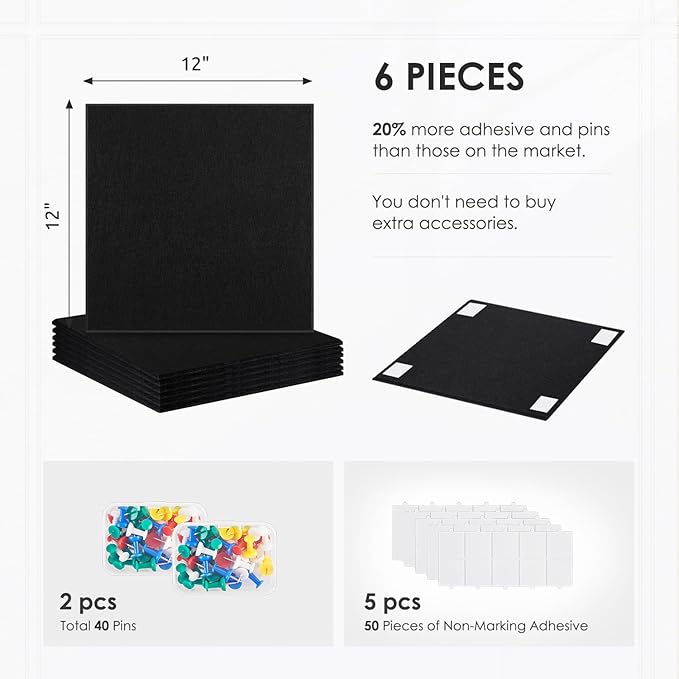Large Cork Board for Walls |Cork Board Alternative|Felt Wall Tiles| Black Bulletin Board with Removable Adhesive | Cork Boards Pinboard for Office Home Classroom,36"x24",6 Pack,Black