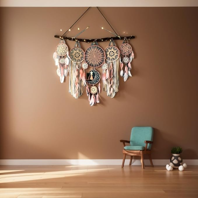 5 Pack Moon Phase Dreamcatcher Set Boho Wall Decor, Boho Macrame Wall Hanging Dream Catchers, for Home, Bedroom, Living Room, Witchy Gifts (Grey)
