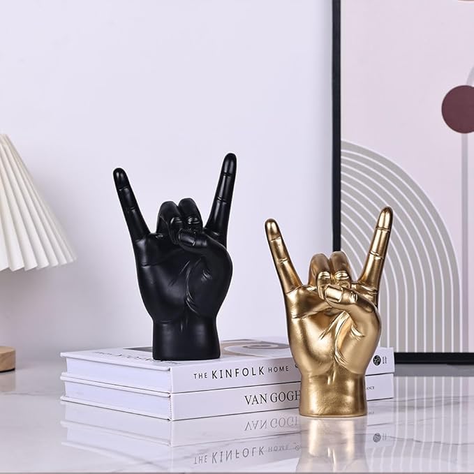 QIANLING 7.7" Black Resin Rock On Hand Gesture Statue - Rock Culture Music Lovers' Decorative Tabletop Sculpture for Bookshelf, Desk & Mantel Decor in Home or Office, Modern Symbolic Figurine