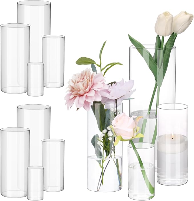 Fixwal 12pcs Clear Glass Cylinder Flower Vases, 4, 6, 8, 10 Inch Tall Cylinder Vases for Centerpieces, Glass Flower Vase Floating Candle Holder Vase for Table Shelf, Party, Wedding, Home Decor