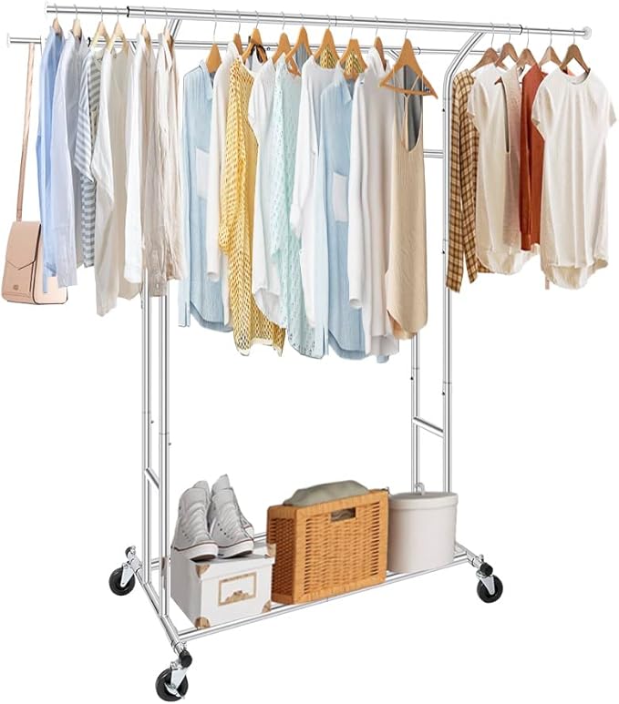 Silver Heavy Duty Double Rod Garment Rack for Hanging Clothes Chrome, Commercial Rolling Clothes Organizer Commercial Metal with Lockable Wheels Mobile for Coats Dresses