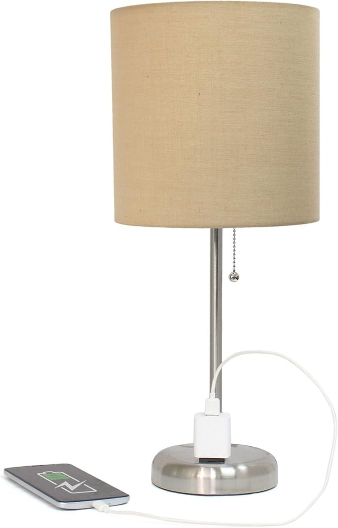 Oslo 19.5" Contemporary Bedside Power Outlet Base Standard Metal Table Desk Lamp in Brushed Steel with Tan Drum Fabric Shade
