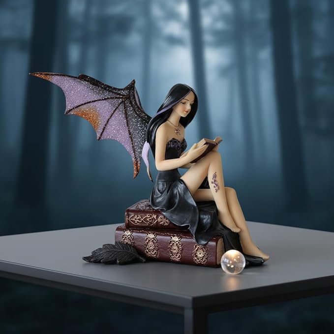 Comfy Hour 9" Reading Fairy Figurine, Gothic Dark Witch Statue Sitting on Vintage Books, Fantasy Mythical Spirit Collectible for Shelves, Polyresin Artisan Sculpture, 1 Piece