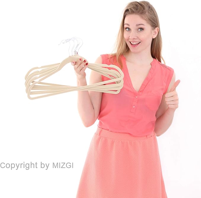 MIZGI Premium Velvet Hangers (50 Pack) - Heavy Duty, Non Slip Felt - Ivory, Chrome Hooks, Space Saving Suit Hangers