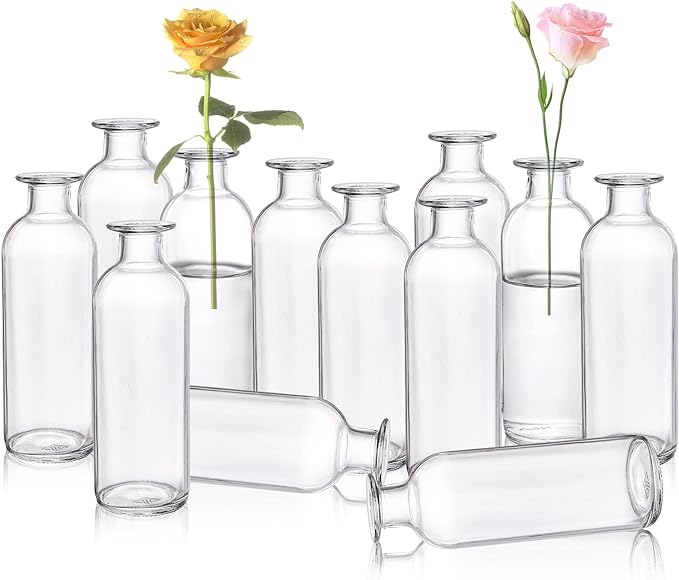 Peohud Set of 12 Glass Bud Vases, Clear Small Flower Vases, Decorative Glass Bottles Floral Vases for Home Decor, Wedding Reception, Party