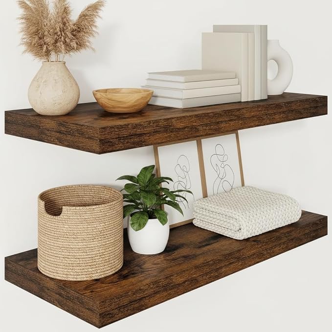 Vivelove 12" Deep Floating Shelves for Wall 30" Long, Wall Shelves for Living Room Bedroom Bathroom Kitchen Laundry Room, Farmhouse Rustic Shelves for Home Decor, 30" X 12" X 2" Set Of 2, Rustic Brown