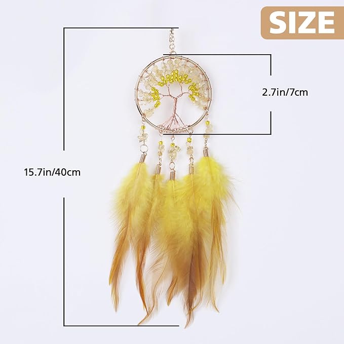 Pretty Jolly Small Tree of Life Crystal Stone Dream Catchers Yellow Feathers Mini Dreamcatchers for Cars Rear View Mirror Hanging Decoration Good Luck Travel Charm Bedroom Ornaments for Women Girls