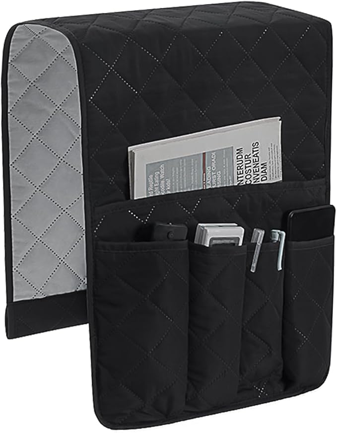 Huakaile Foldable Remote Control Holder Non-Slip Couch Sofa Chair Waterproof Armrest Organizer with 5 Pockets Armrest Organizer Couch Recliner Caddy Fits for Ipad, Phone, Magazines (Black)