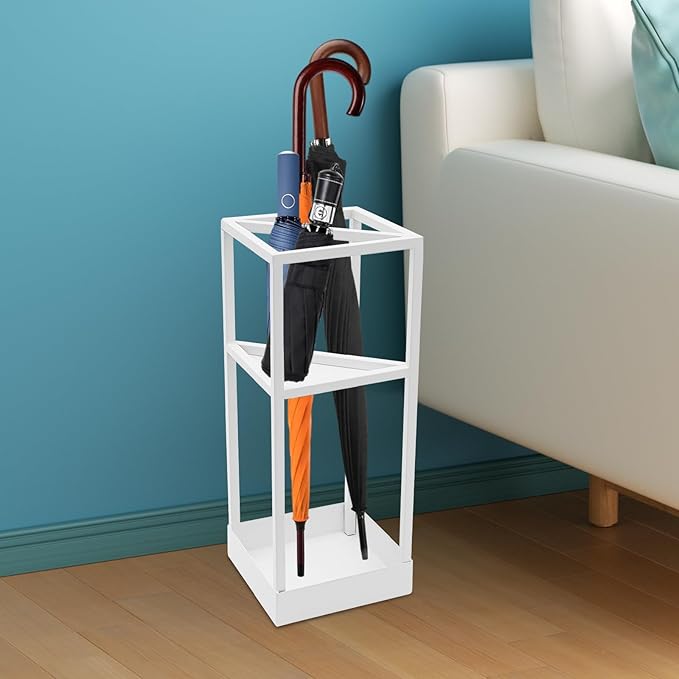 DouSeiAi 20 Inch Geometric Umbrella Stand, Metal Freestanding Umbrella Rack with Shelf, Entryway Organizer with Bottom Drip Tray for Drip Dry, Holds Umbrellas, Canes, Walking Sticks (White)
