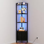Furnulem Corner Shelf,5-Tier Corner Cabinet with Storage and LED Light, 62.8” Standing Display Bookshelf for Bedroom, Living Room, Kitchen, Wood Display Shelf (Black Oak) | with Storage