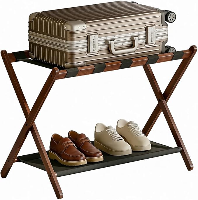 Bamboo Luggage Rack for Guest Room, 26.77" Folding Wide Suitcase Stand with Fabric Storage Shelf, Thickened Luggage Stand Holder for Bedroom Hotel, Luggage Rack for Suitcases (1 Pack - Brown)