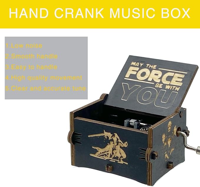 MAD DI Music Box, Wooden Hand Crank Unique Musical Boxes Theme Starwars, Mini Antique Vintage Craft Laser Engraved Home Decorations for Christmas, Wedding, Valentines, Birthday Gifts(Black)