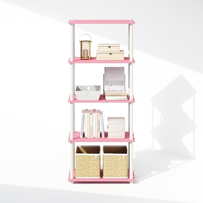 Furinno Turn-N-Tube Book Shelf, 5-Tier Bookshelf, Bookcase with Multipurpose Compact Display Rack, 11.6 x 23.6 x 57.4, for Living Room, Bedroom, Home Office, Pink/White
