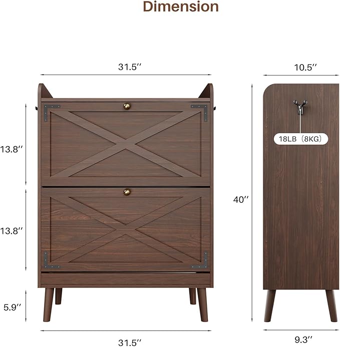 Shoe Storage Cabinet with 2 Flip Drawers, Entryway Shoe Cabinet with 2 Metal Hooks & Adjustable Shelves Freestanding Shoe Organizer Narrow Shoe Rack for Entrance Hallway Foyer Front Door,Rustic Brown