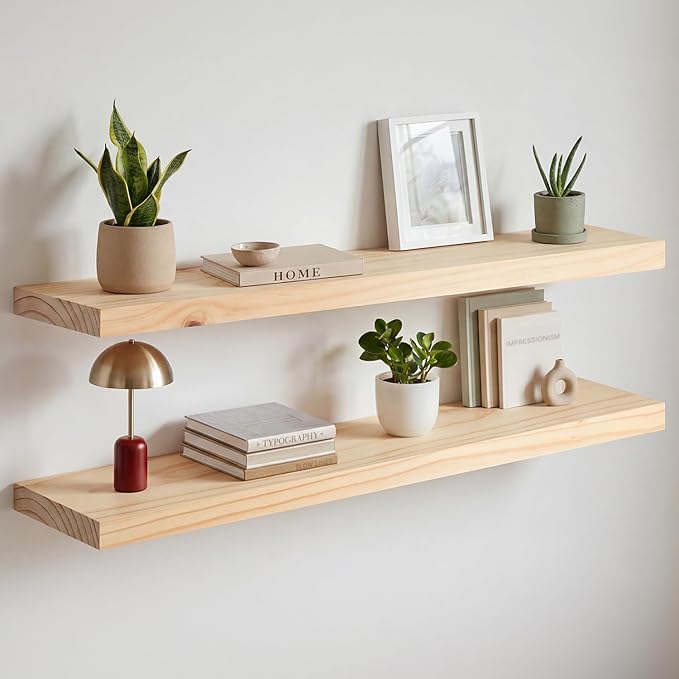 Homeforia 36 inch Natural Floating Shelf, High End Solid Real Wood 36inch Small Floating Shelves for Wall Mounted, Natural Wooden Floating Shelves, Heavy Duty Bracket, 36 X 6.5 X 1.75 in, Set of 4
