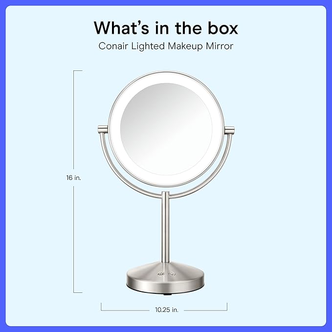 Conair Lighted Makeup Mirror, Double-Sided Vanity Mirror with 1X/10X Magnification, 3 Color Modes and 360 Rotation, Satin Nickel, BE401X2