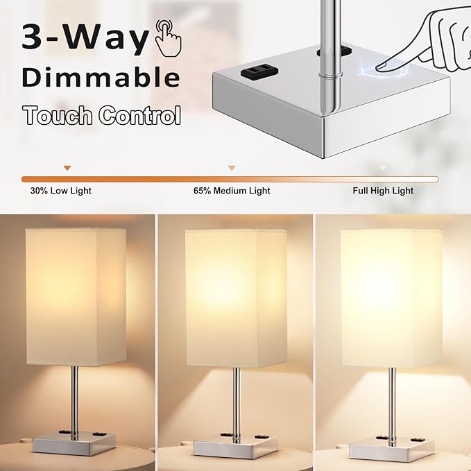 Touch Bedside Table Lamp For Nightstand - 3-Way Dimmable Night Lamp with USB A + Type C Charging Ports and two AC Outlets, Small Desk Light with E26 LED Bulb for Bedroom Living Room, WHITE PLUS