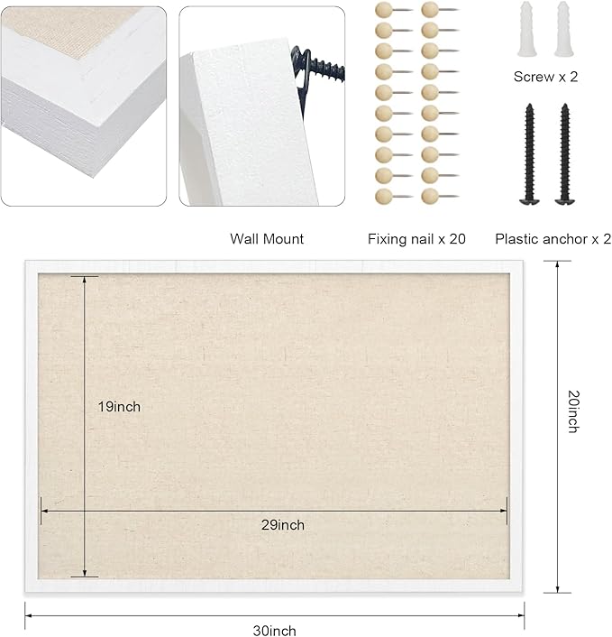 30''x20'' Inch Linen Cork Bulletin Board with Frame, Decorative Pin Board for Office Home and School Wall Decor