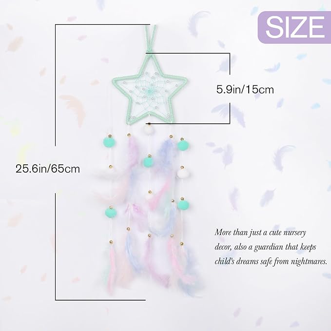 Pretty Jolly Green Star Kids Dream Catcher Wall Decor Pompom Feather Baby Dreamcatcher Handmade Children Dream Catcher Home Décor Wall Hanging for Nursery Bedroom Boys Girls Birthday Gift-25.6in