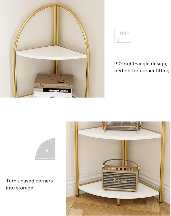 5 Tier Corner Shelf, Luxury Gold Corner Plant Stand with White Wood Shelves,Modern Metal Corner Bookshelf Display Rack,Premium Corner Storage Shelving Unit for Living Room,Bedroom,Bathroom