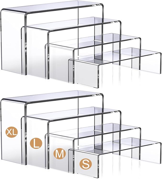 MerryNine Acrylic Risers Display Stands, 8 Pcs 2 Set Clear Acrylic Shelves, Plastic Display Risers for Retail, Vinyl Figures, Cupcake, Jewelry, Dessert Display, No Assembly, Scratch-Resistant (Rectangular-4mm-8pcs)