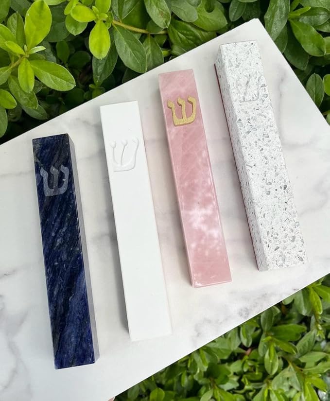 A&S Mezuzot Quartz Mezuzah Case with Engraved Shin Design Easy Peel and Stick Judaica Door Mezuza (Blue Jasper, 6 Inches)