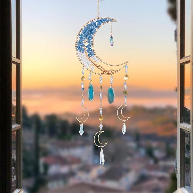Agate Moon Dream Catchers with Crystal 7 Chakra Gemstone Dream Catchers Color Natural Gem Agate Wall Hangings Room Garden Dreamcatchers Decor (Blue)