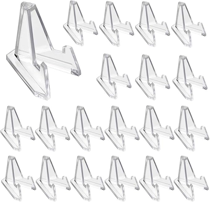 Hipiwe 20 Packs Mini Acrylic Easel Stands Clear Coin Display Easel Holder for Displaying Air-Tite Coins Pocket Watches Capsules Challenge Medals Casino Chips
