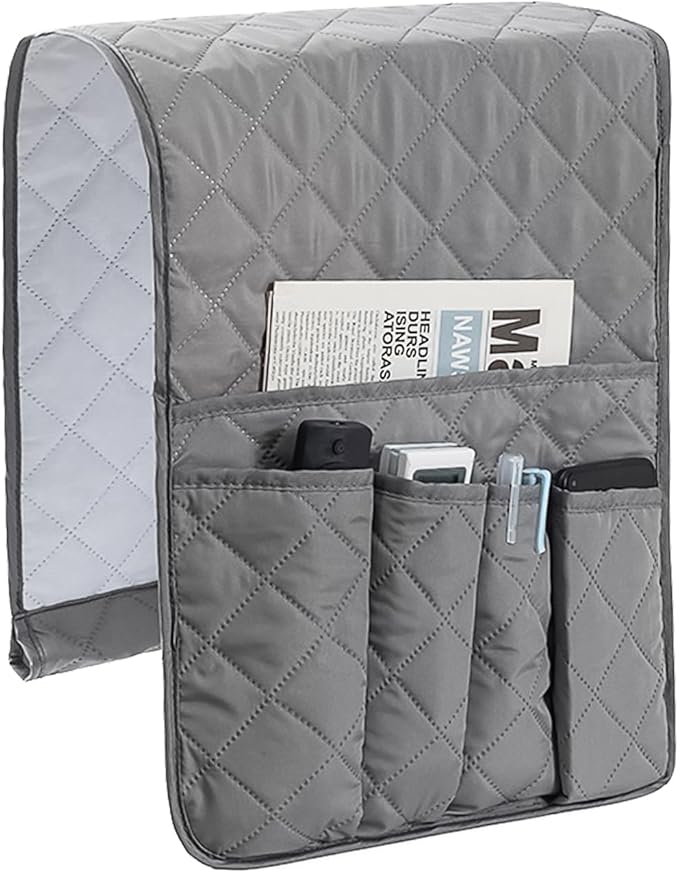 Huakaile Foldable Remote Control Holder Non-Slip Couch Sofa Chair Waterproof Armrest Organizer with 5 Pockets Armrest Organizer Couch Recliner Caddy Fits for Ipad, Phone, Magazines (Grey)