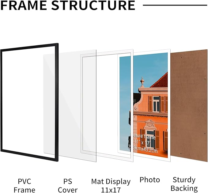 Rempry 12x18 Picture Frame, Display Pictures 11x17 with Mat or 12x18 Without Mat, Wall Hanging or Tabletop Photo Frame with Shatter Resistant Plexiglass, Black, 1 Pack