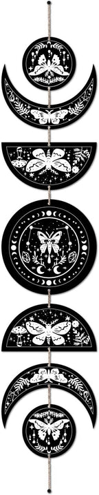 CREATCABIN 7Pcs Moth Tarot Moon Cycle Wall Hanging Half Round Wood Pendant Moon Hang Moon Phase Home Ornaments Wooden Moon Wall Decor Supplies for Bedroom Farmhouse Gallery Apartment Bar 37.1x6.3in