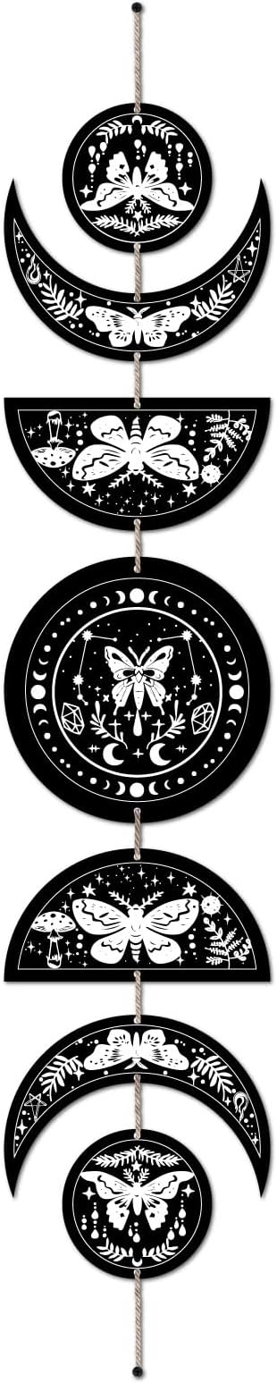CREATCABIN 7Pcs Moth Tarot Moon Cycle Wall Hanging Half Round Wood Pendant Moon Hang Moon Phase Home Ornaments Wooden Moon Wall Decor Supplies for Bedroom Farmhouse Gallery Apartment Bar 37.1x6.3in