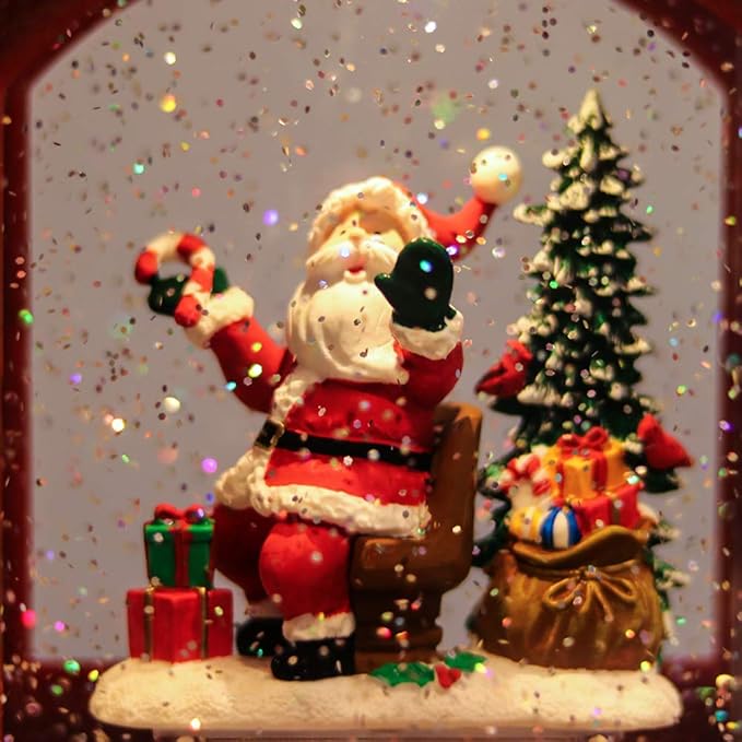 Musical Christmas Snow Globe Lantern Battery Operated with 6 Hour Timer Spinning Water Red Train Singing Lighted Snow Globe Lamp Holiday Decoration Gift(Santa, 10.6 x 4.3 x 8.3 Inches)