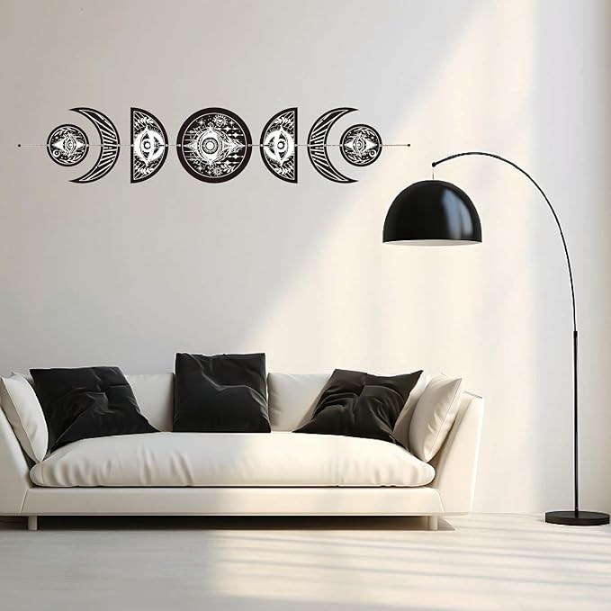 CREATCABIN 7Pcs Devil's Eye Moon Cycle Home Decor Bohemian Moon Phase Wall Hanging Ornament Wooden Moon Wall Vertical Decorative Hang for Bedroom Family Farmhouse Gallery Apartment Bar 37.1x6.3in