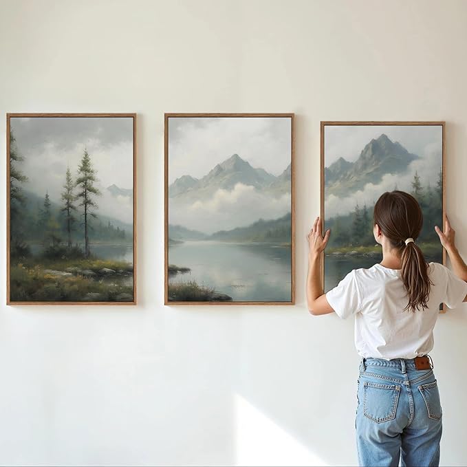SIGNINART Large Green Forest Framed Canvas Wall Art Set, Misty Mountain Lake Wall Decor, Modern Foggy Wood Landscape Artwork, Nature Oil Painting Art Print for Living Room, Bedroom, Office 16"x24"x3