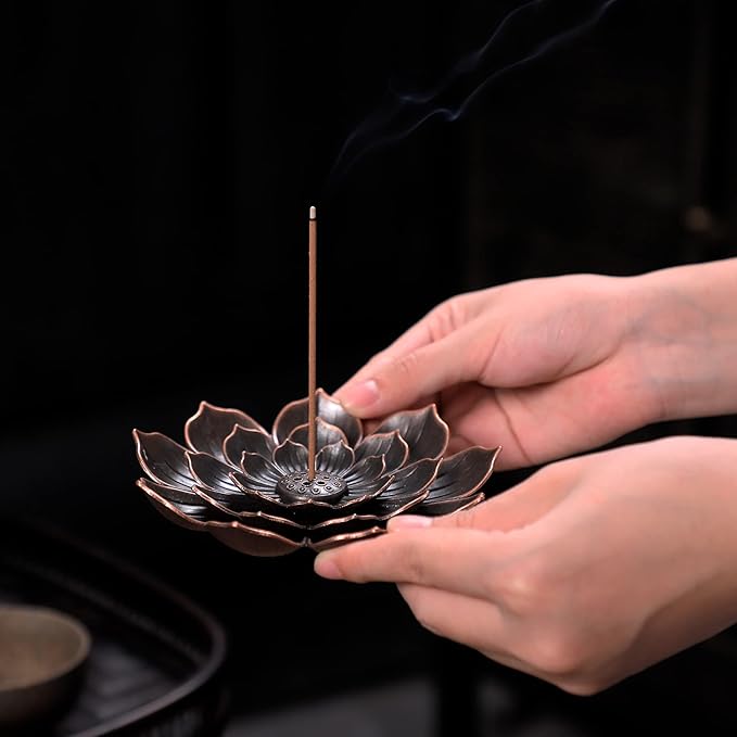 GARMOLY Large Incense Holder for Sticks Anti-Ash Spilling, Brass Lotus Incense Stick Holder and Detachable Ash Catcher