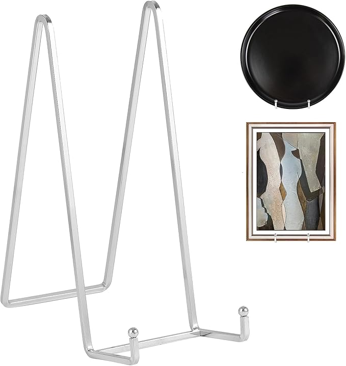 Large Plate Holder Display Stand - 10 inch Tall Plate Stands for Display - Metal Picture Frame Stand - Big Tabletop Easel Stand for Decorative Plates | Platter | Book | Plaque | Tile - 2 Pack - Silver