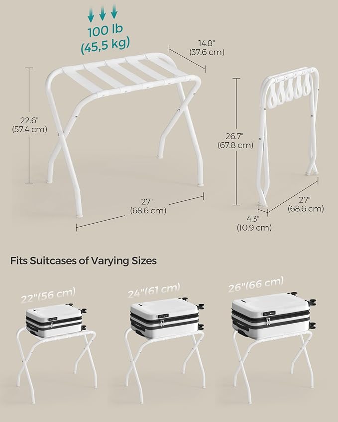 SONGMICS Luggage Rack, Set of 2, Luggage Racks for Guest Room, Suitcase Stand, Steel Frame, Foldable, for Bedroom, Cloud White URLR064W02