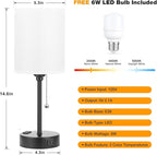 Bedside Table lamp for Bedroom Set of 2 - 3 Color Temperatures Small Lamps with USB C and A Ports, Pull Chain Table Lamps with AC Outlet, White Nightstand Lamps with Black Metal Base for Kids Reading
