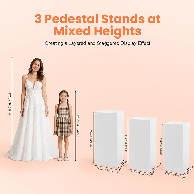 3Pcs Square Display Pedestal Stands Set for Party, Metal Display Stand Plinth Pillars, Cake Stands Pillars for Wedding Birthday Art Decor Risers, 11.8*31.5" (L), 11.02*25.6" (M), 10.24*23.6" (S)