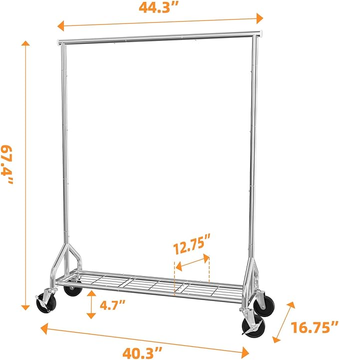 Heavy Duty Rolling Clothes Rack with Wheels and Shelves, 450 lbs Capacity, Portable Garment Rack for Hanging Clothes, Standing Wardrobe for Closet, Bedroom, Commercial Use, Chrome