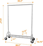 Heavy Duty Rolling Clothes Rack with Wheels and Shelves, 450 lbs Capacity, Portable Garment Rack for Hanging Clothes, Standing Wardrobe for Closet, Bedroom, Commercial Use, Chrome