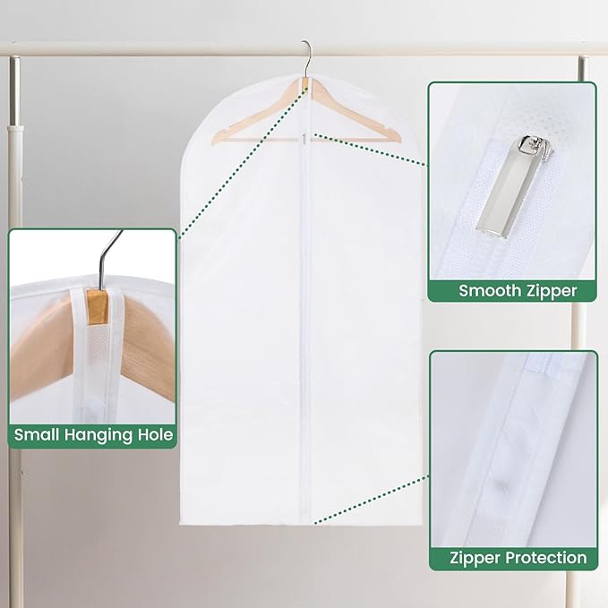12 Pack Garment Bags for Hanging Clothes - Translucent Suit Bag for Closet Wardrobe Storage Travel - 24" x 42"