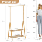 Bamboo Wooden Clothes Rack, Heavy Duty Garment Rack for Hanging Clothes, Freestanding Clothing Rack with 2 Tier Storage Shelves & Side Hooks for Living Room Bedroom Entryway