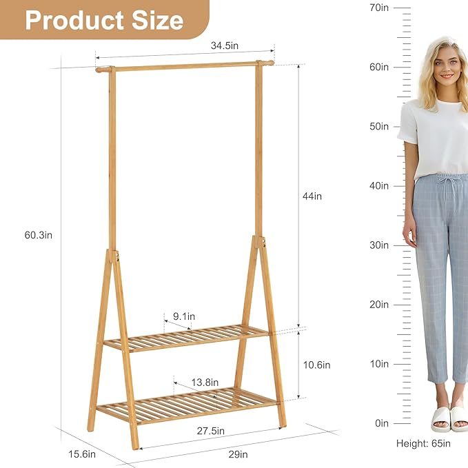 Bamboo Wooden Clothes Rack, Heavy Duty Garment Rack for Hanging Clothes, Freestanding Clothing Rack with 2 Tier Storage Shelves & Side Hooks for Living Room Bedroom Entryway