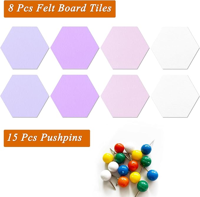 8 Pcs Hexagon Felt Cork Bulletin Board Tiles, Self Adhesive DIY Bulletin Board Pin Board for Office School Home Wall Decor Memos Photos Display(Purple & Pink)